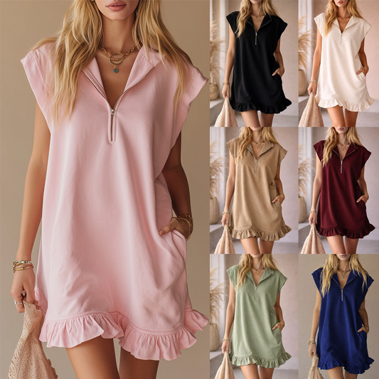 🌸HOT SALE 49% OFF🌸Women's Sleeveless Half-Zip Ruffle Hem Dress