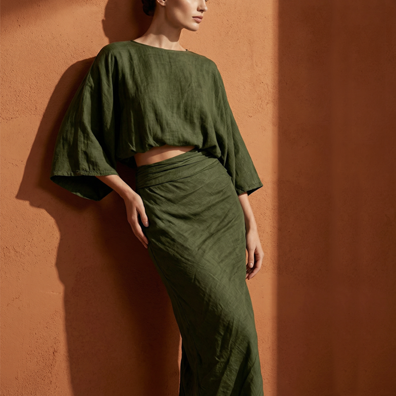 Elegant Batwing Sleeve Top & Ruched Skirt Set