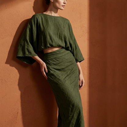 Elegant Batwing Sleeve Top & Ruched Skirt Set