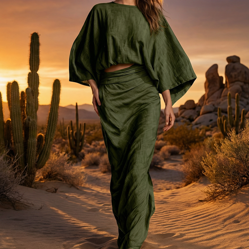 Elegant Batwing Sleeve Top & Ruched Skirt Set