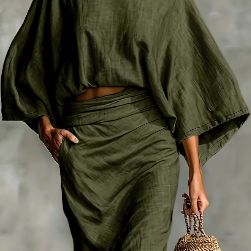 Elegant Batwing Sleeve Top & Ruched Skirt Set