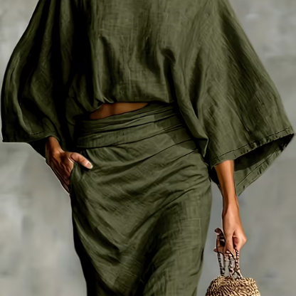 Elegant Batwing Sleeve Top & Ruched Skirt Set