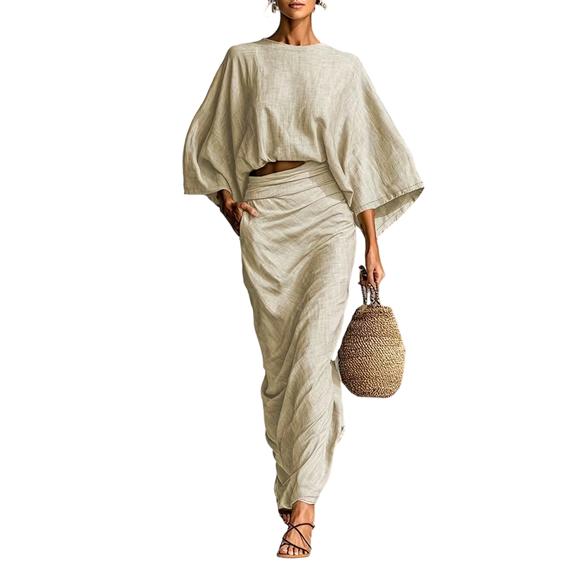 Elegant Batwing Sleeve Top & Ruched Skirt Set