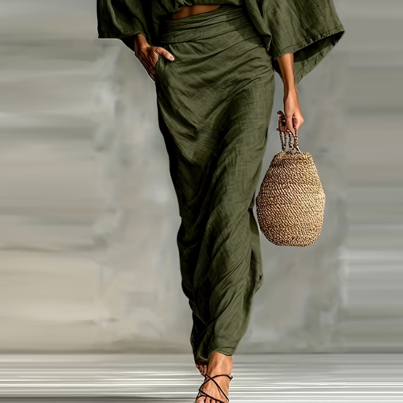 Elegant Batwing Sleeve Top & Ruched Skirt Set