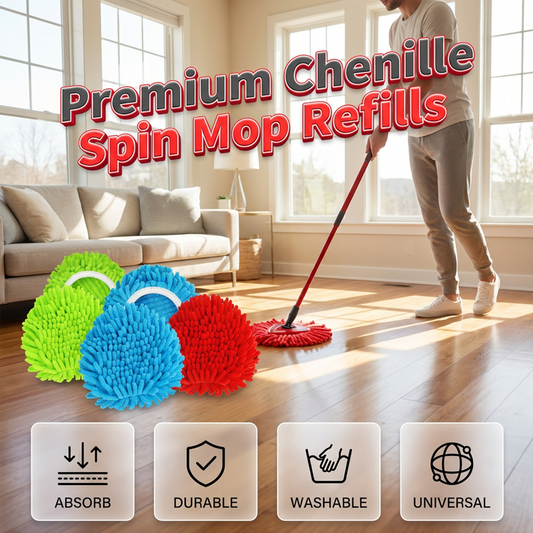 Chenille Spin Mop Head Replacement Unique Design Heads Turn Mop into Long-Handle Duster Dry Cleaning Trap Bucket & Handle