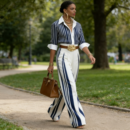 🎁New arrival 49% OFF💥 Women's Striped Shirt & Wide-Leg Pants 2-Piece Set
