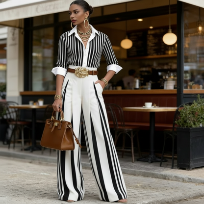 🎁New arrival 49% OFF💥 Women's Striped Shirt & Wide-Leg Pants 2-Piece Set