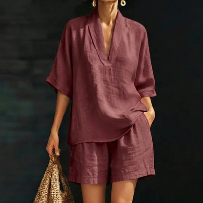 Women's Casual V-Neck Top and Shorts Set