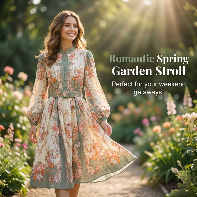 Romantic Floral Print High Neck Mini Dress