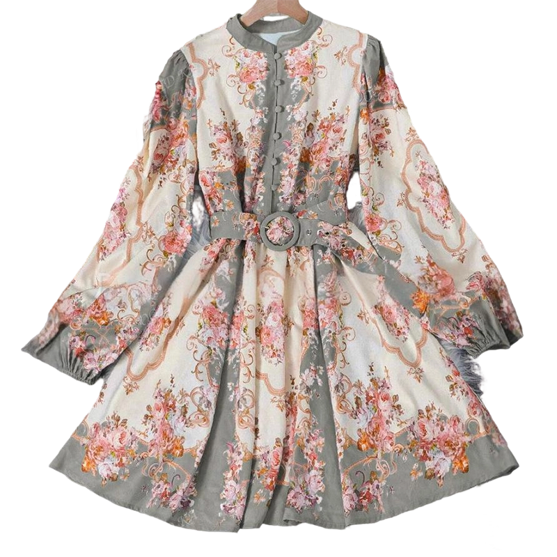 Romantic Floral Print High Neck Mini Dress