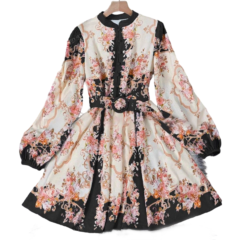Romantic Floral Print High Neck Mini Dress