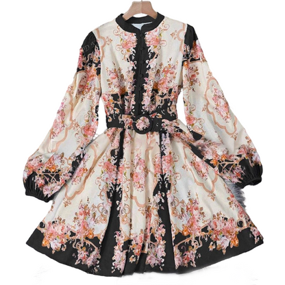 Romantic Floral Print High Neck Mini Dress