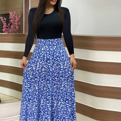 Women's Long Sleeve Floral Print Spliced Dress