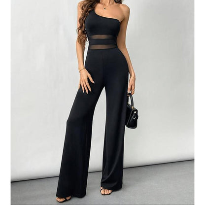 One-Shoulder Mesh Panel Wide-Leg Jumpsuit