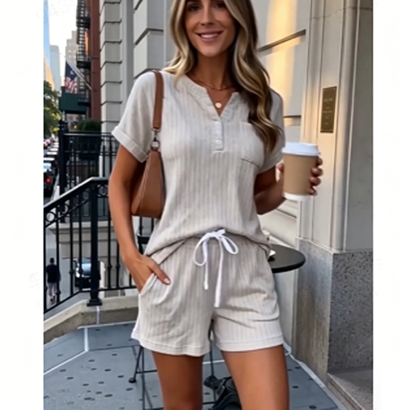 Women’s Casual Ribbed Short Sleeve & Shorts Set