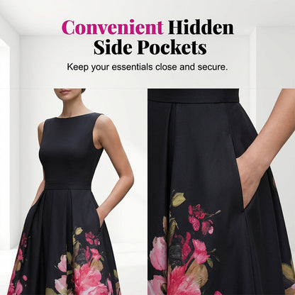 Elegant Sleeveless A-Line Midi Dress with Floral Print