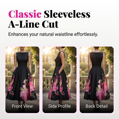 Elegant Sleeveless A-Line Midi Dress with Floral Print