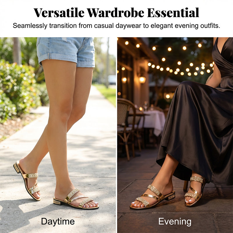 Rhinestone Low Heel Slip-On Sandals