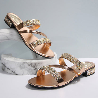 Rhinestone Low Heel Slip-On Sandals