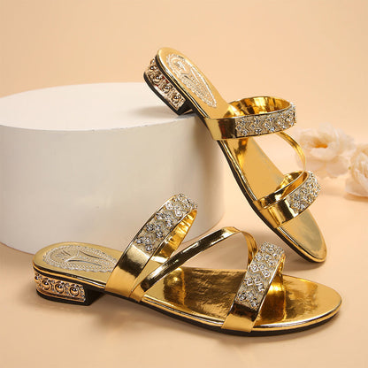 Rhinestone Low Heel Slip-On Sandals