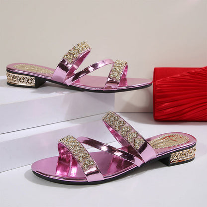 Rhinestone Low Heel Slip-On Sandals