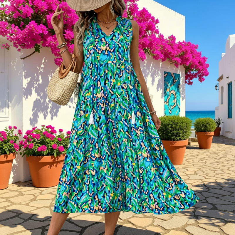 👗New arrival 49% OFF🌸Women's Sleeveless Abstract Print Tiered Midi Dress