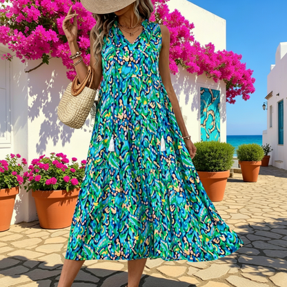 👗New arrival 49% OFF🌸Women's Sleeveless Abstract Print Tiered Midi Dress