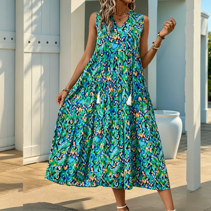 👗New arrival 49% OFF🌸Women's Sleeveless Abstract Print Tiered Midi Dress