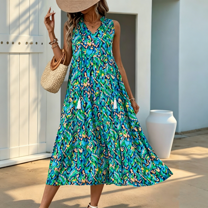 👗New arrival 49% OFF🌸Women's Sleeveless Abstract Print Tiered Midi Dress