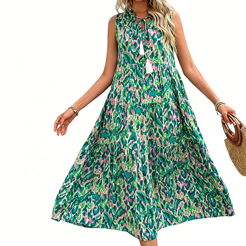 👗New arrival 49% OFF🌸Women's Sleeveless Abstract Print Tiered Midi Dress