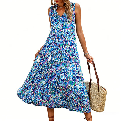 👗New arrival 49% OFF🌸Women's Sleeveless Abstract Print Tiered Midi Dress