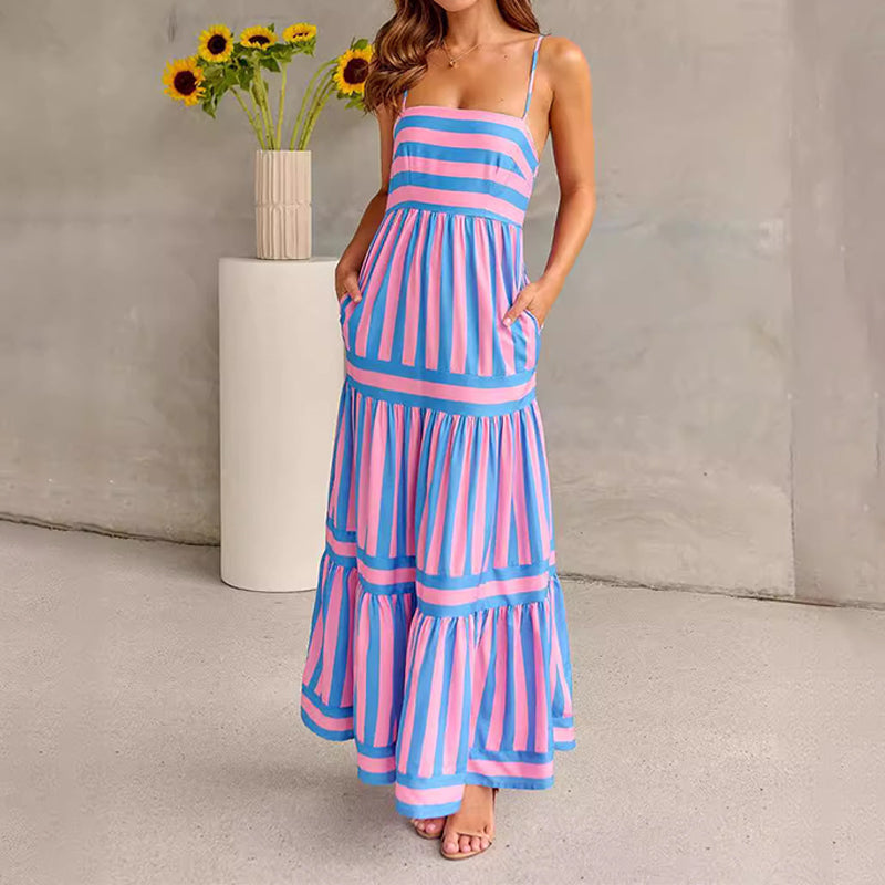 Colour-Block Striped Maxi Dress with Spaghetti Straps