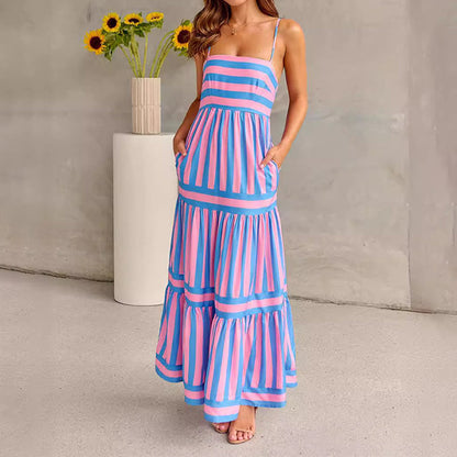 Colour-Block Striped Maxi Dress with Spaghetti Straps