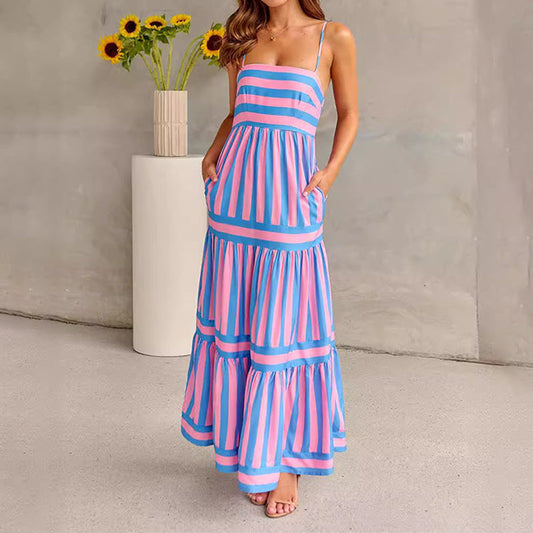 Colour-Block Striped Maxi Dress with Spaghetti Straps