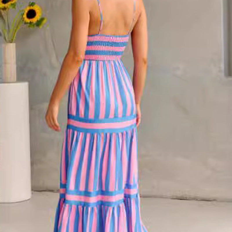 Colour-Block Striped Maxi Dress with Spaghetti Straps