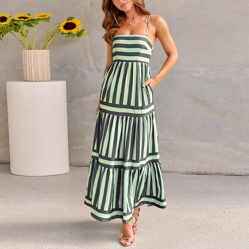 Colour-Block Striped Maxi Dress with Spaghetti Straps