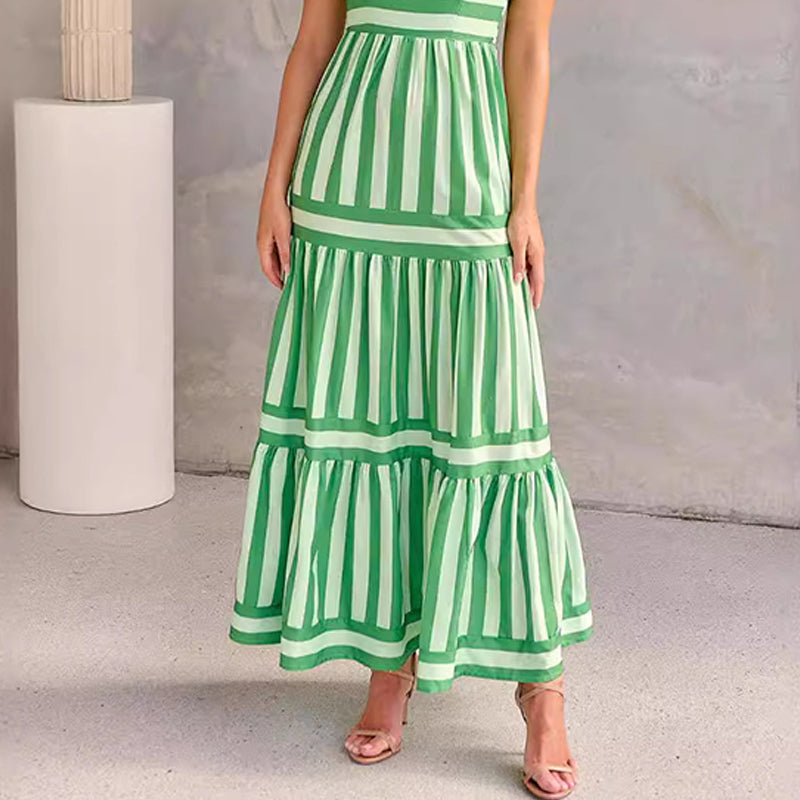 Colour-Block Striped Maxi Dress with Spaghetti Straps