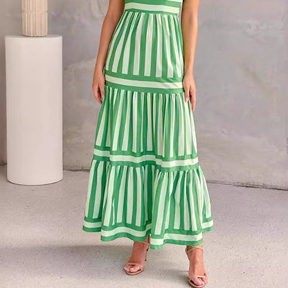 Colour-Block Striped Maxi Dress with Spaghetti Straps