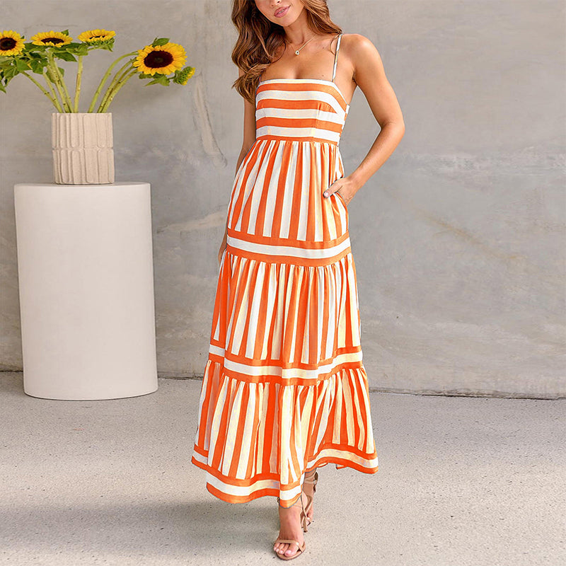 Colour-Block Striped Maxi Dress with Spaghetti Straps