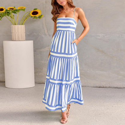 Colour-Block Striped Maxi Dress with Spaghetti Straps