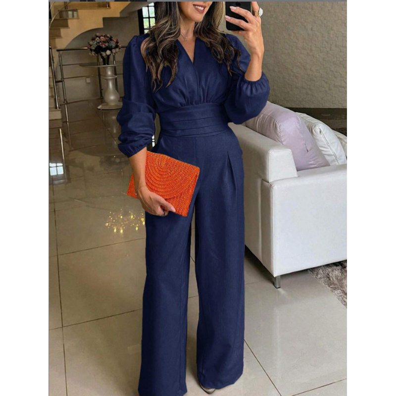 Chic Long Sleeve V-Neck Palazzo Jumpsuit