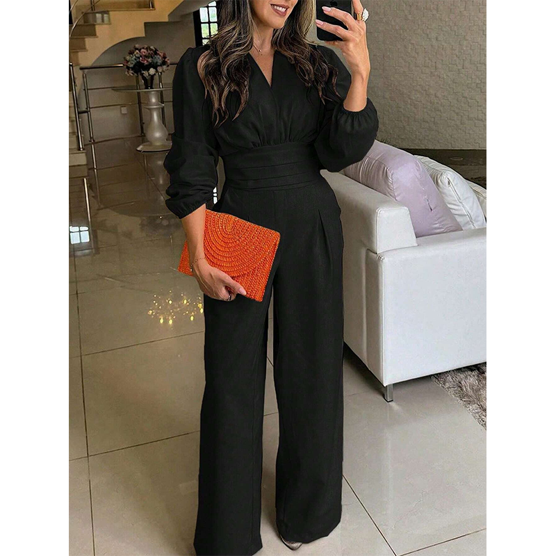 Chic Long Sleeve V-Neck Palazzo Jumpsuit