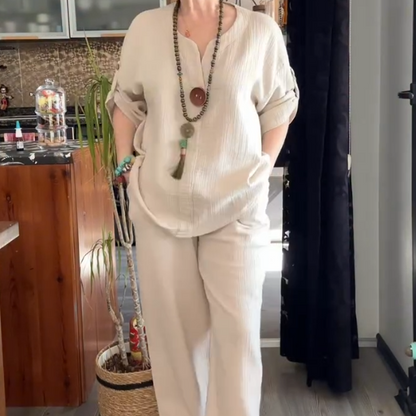 ✨👗Effortless Chic: Women's Comfortable Roll-Tab Sleeve Loungewear Set