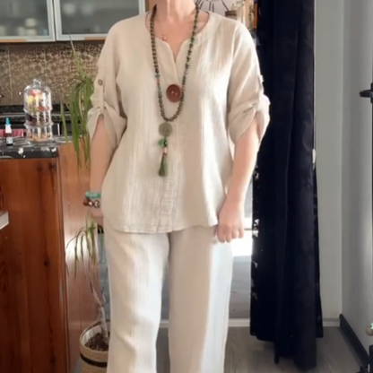 ✨👗Effortless Chic: Women's Comfortable Roll-Tab Sleeve Loungewear Set