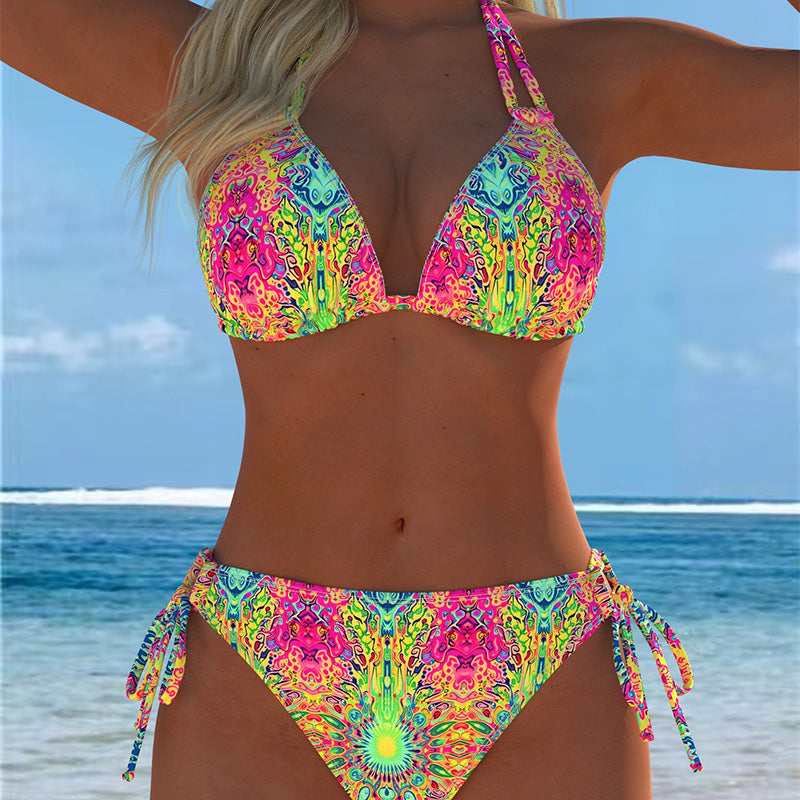 Colorful Print  Halter Neck Swimsuit Set