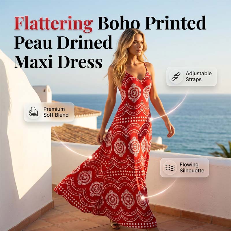 Women's Boho Printed Flowy Spaghetti Strap Maxi Dress