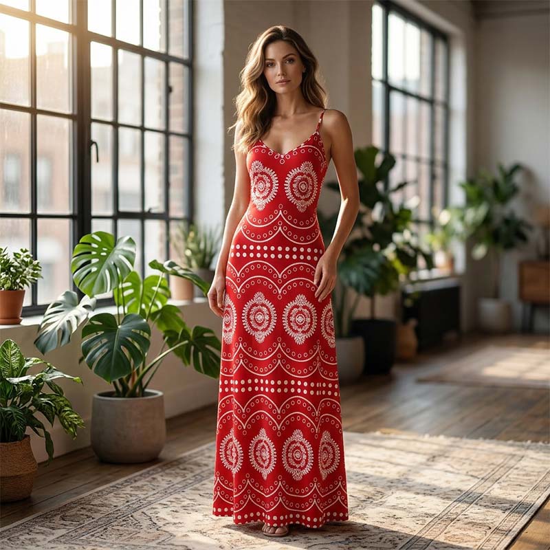Women's Boho Printed Flowy Spaghetti Strap Maxi Dress