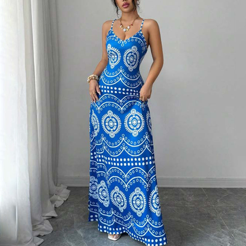 Women's Boho Printed Flowy Spaghetti Strap Maxi Dress