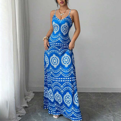 Women's Boho Printed Flowy Spaghetti Strap Maxi Dress