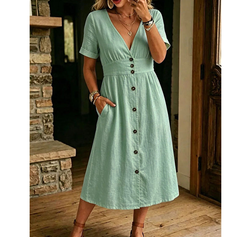 Women's Summer V-Neck Button-Down Dress